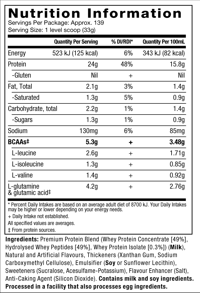 Nutritional Information - Nitro-Tech 100% Whey Gold- French Vanilla Cream Flavour - 10lbs.