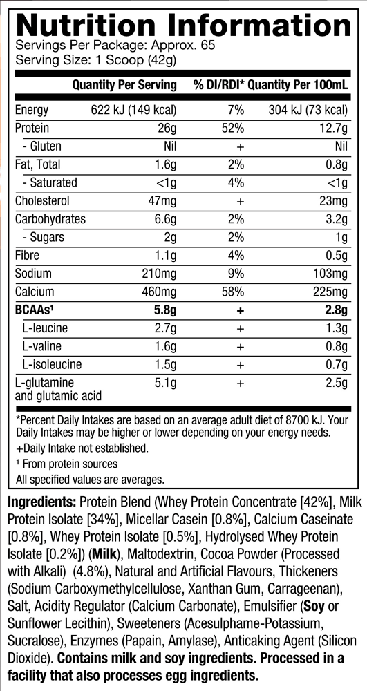 Nutritional Information - Nitro-Tech 8 Hour Protein - Double Rich Chocolate Flavour