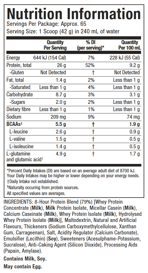 Nutritional Information - Nitro-Tech 8 Hour Protein - Vanilla Cake Flavour