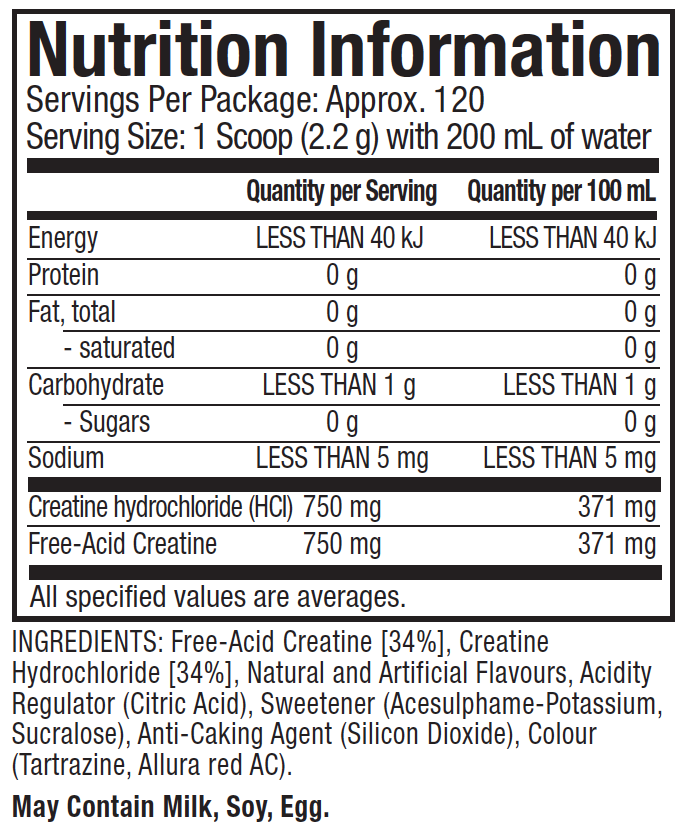 Nutritional Information: Cell Tech Creactor - Tropical Citrus Punch Flavour