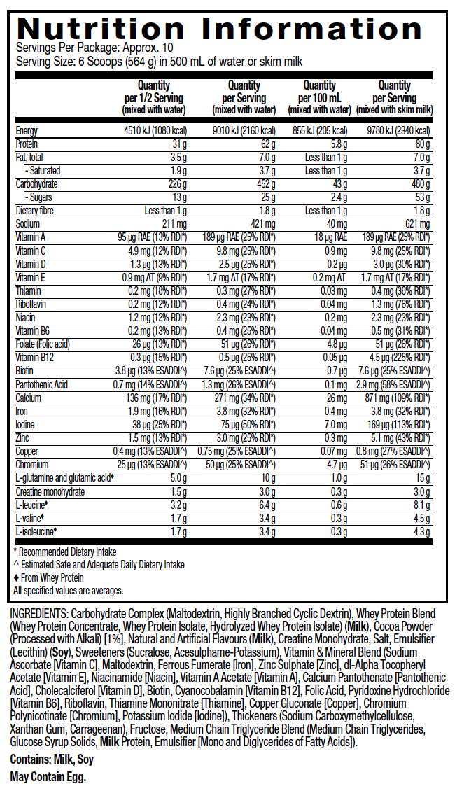 Nutritional Information: Mass Tech Extreme 2000 - Triple Chocolate Brownie Flavour