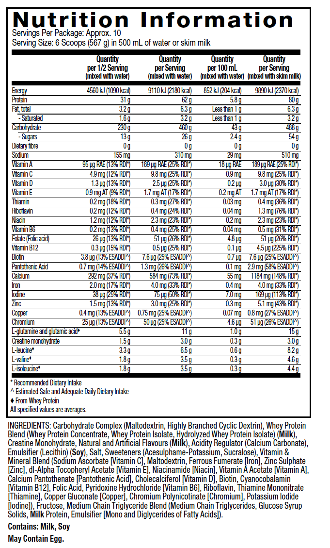 Nutritional Information: Mass Tech Extreme 2000 - Vanilla Milkshake Flavour